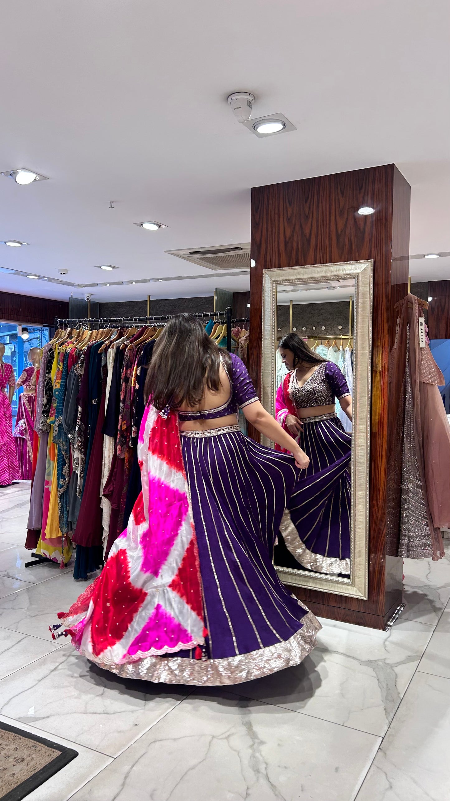 Crushed Chinon silk lehenga with gold lace border – back side