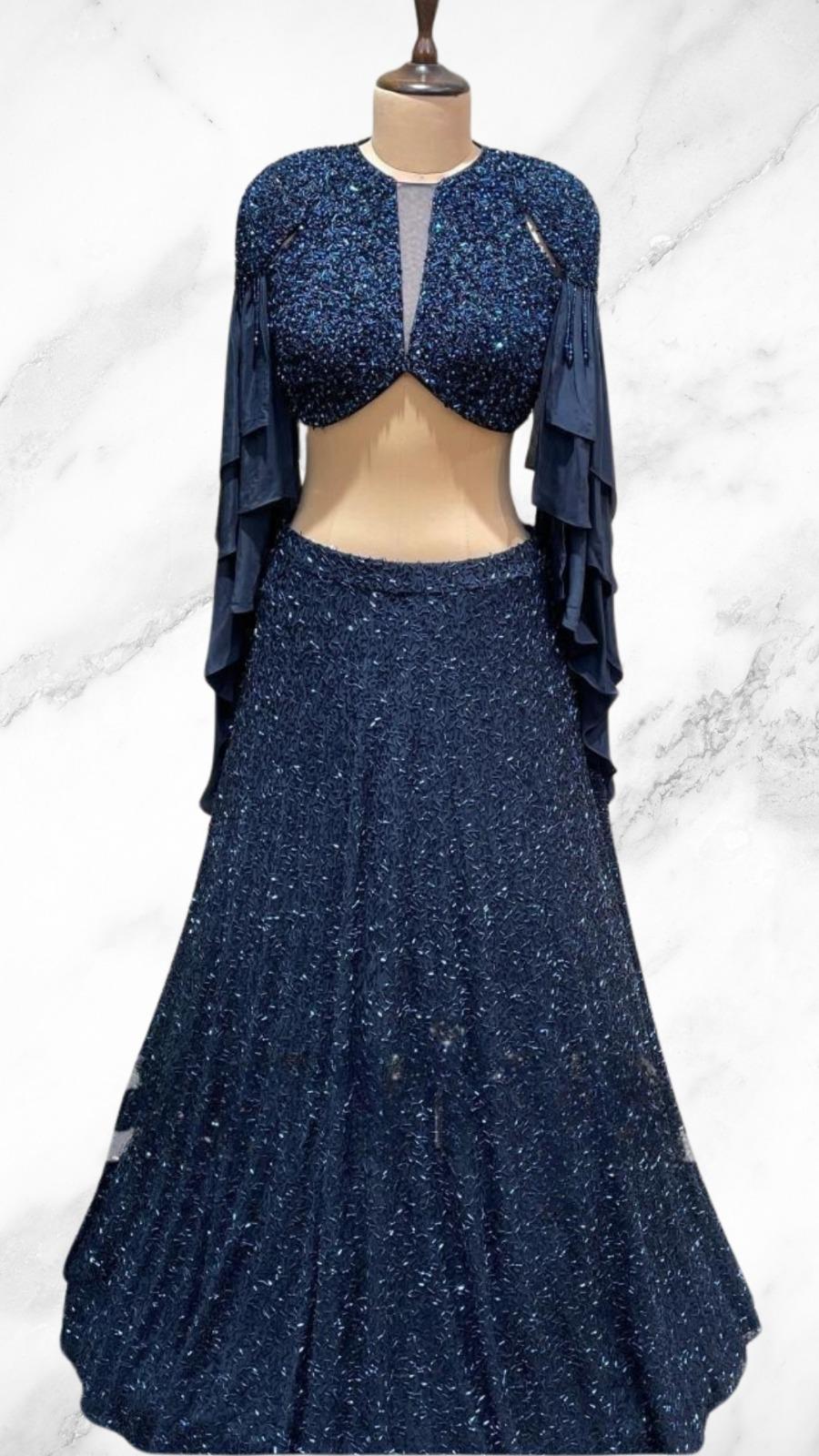 Navy blue sequin lehenga choli perfect for reception and sangeet.