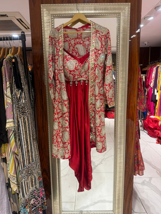 Ojasvi – Mehendi Green & Red Embroidered Indo-Western Set with Dhoti Pants and Jacket