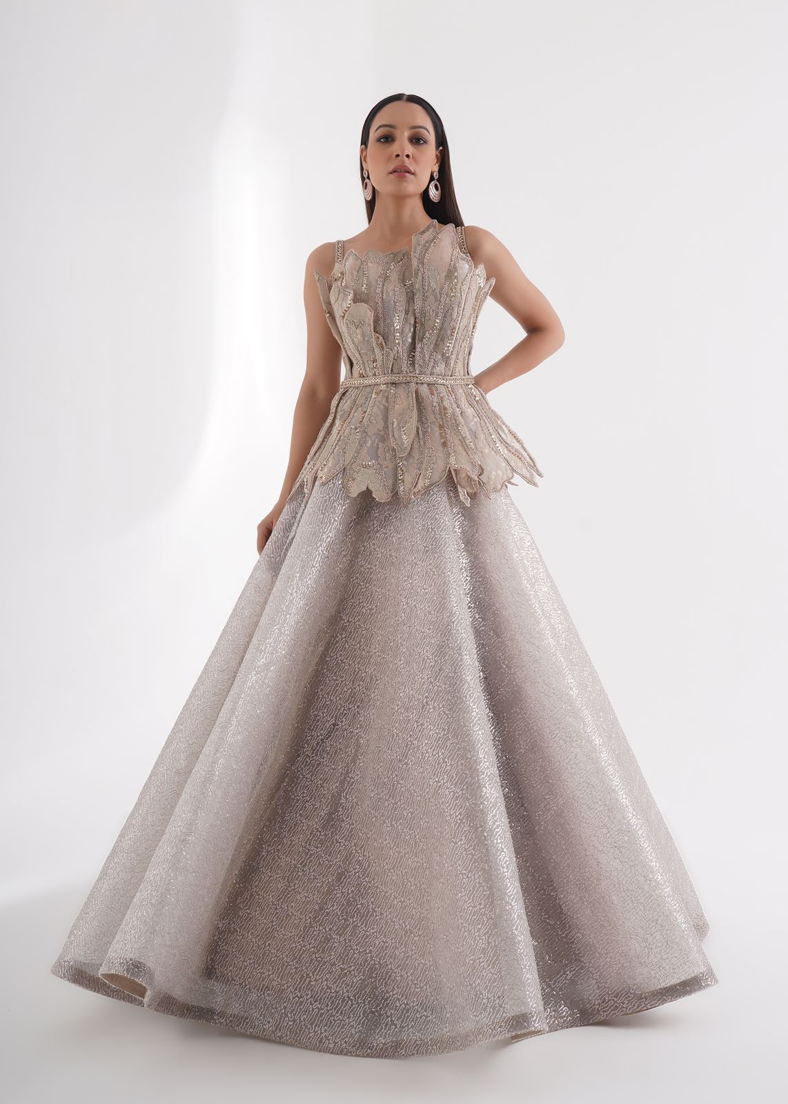 Peach pink designer lehenga with intricate pearl hand embroidery – ideal for sangeet, engagement, and festive occasions.