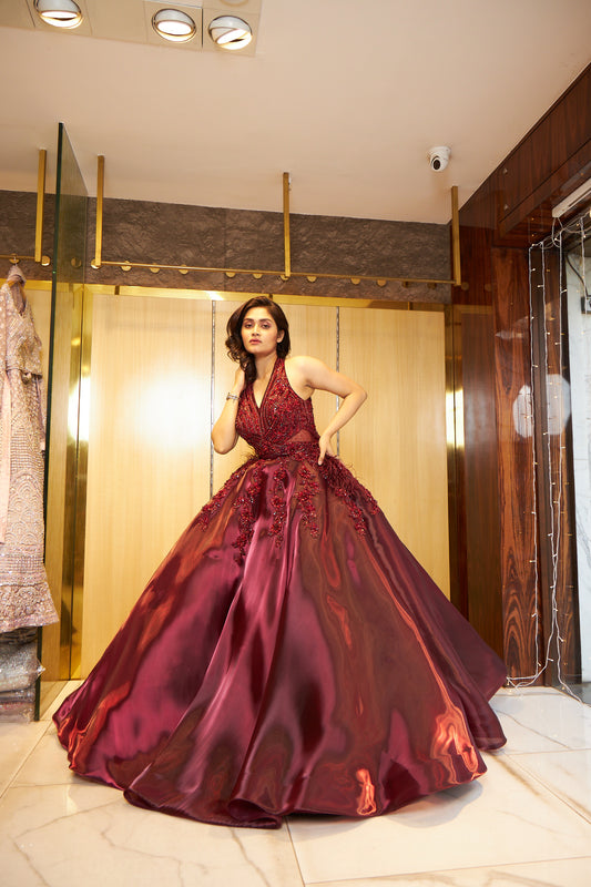 Meera - Maroon Tissue Organza Ball Gown