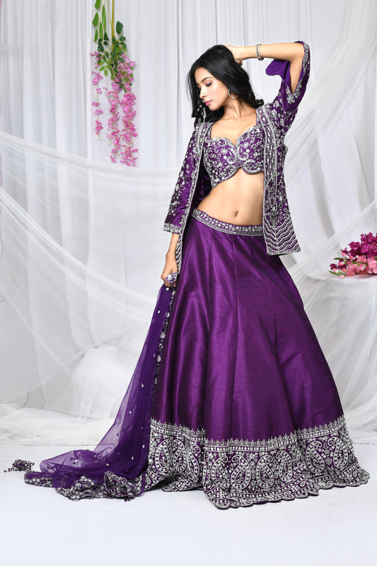 Ayesha: Purple Raw Silk Lehenga Set