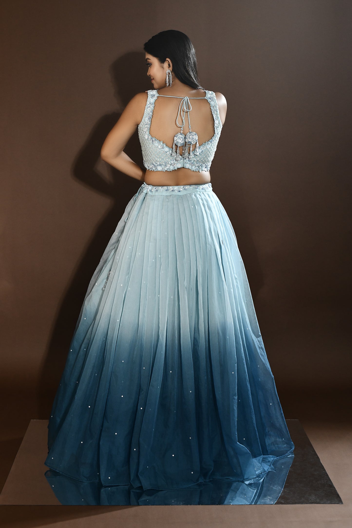 Nivi Elegance Pleated Lehenga - Ice Blue & Peach