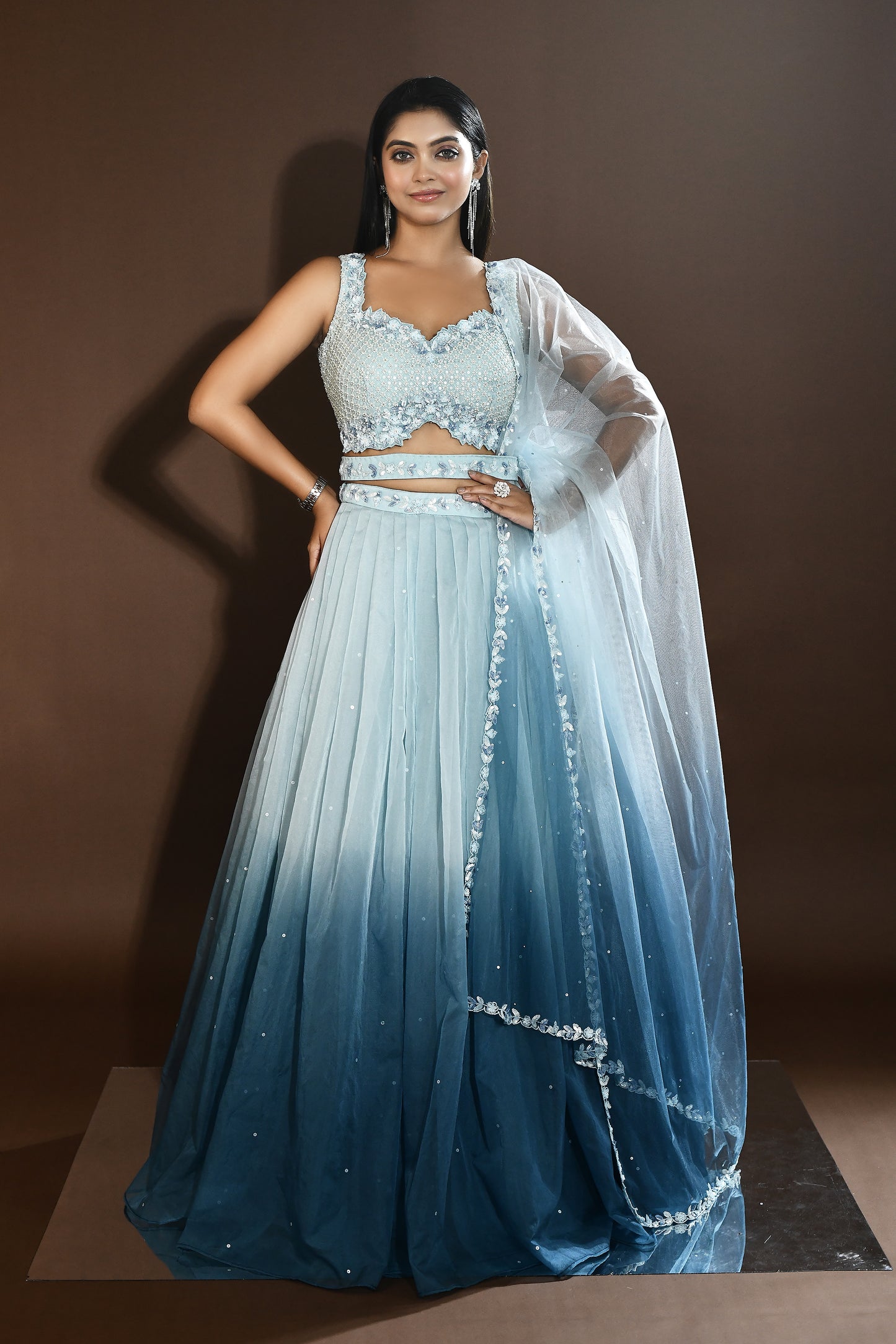 Nivi Elegance Pleated Lehenga - Ice Blue & Peach