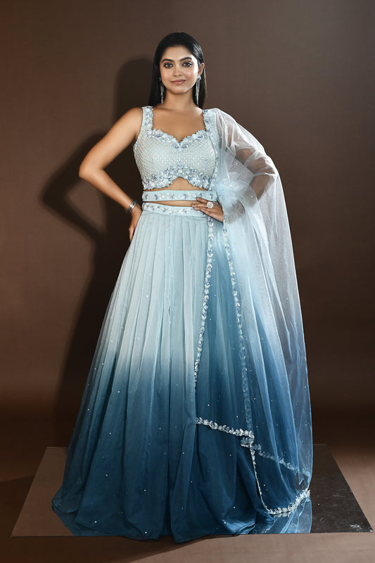 Nivi Elegance Pleated Lehenga - Ice Blue & Peach