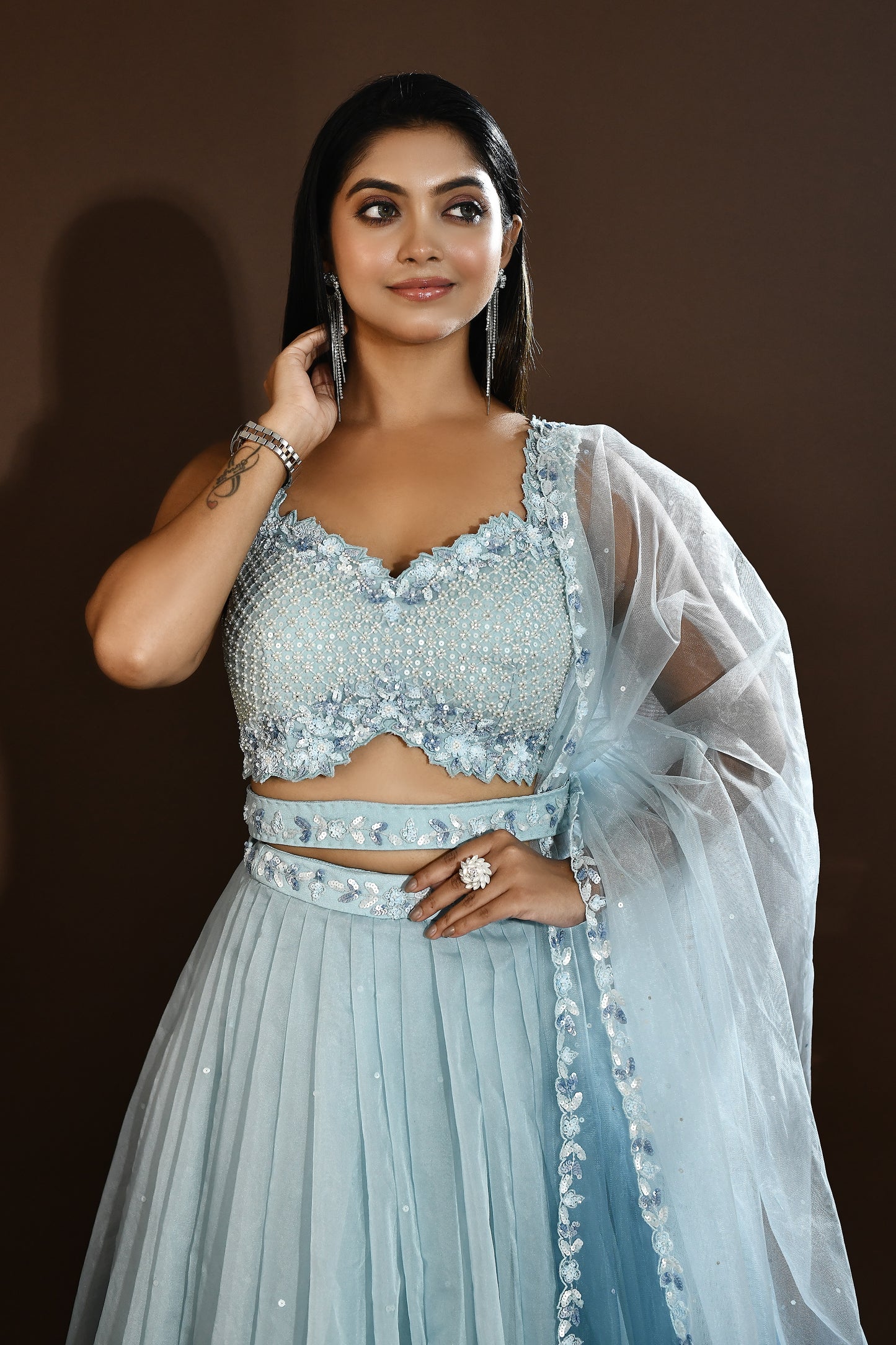 Nivi Elegance Pleated Lehenga - Ice Blue & Peach