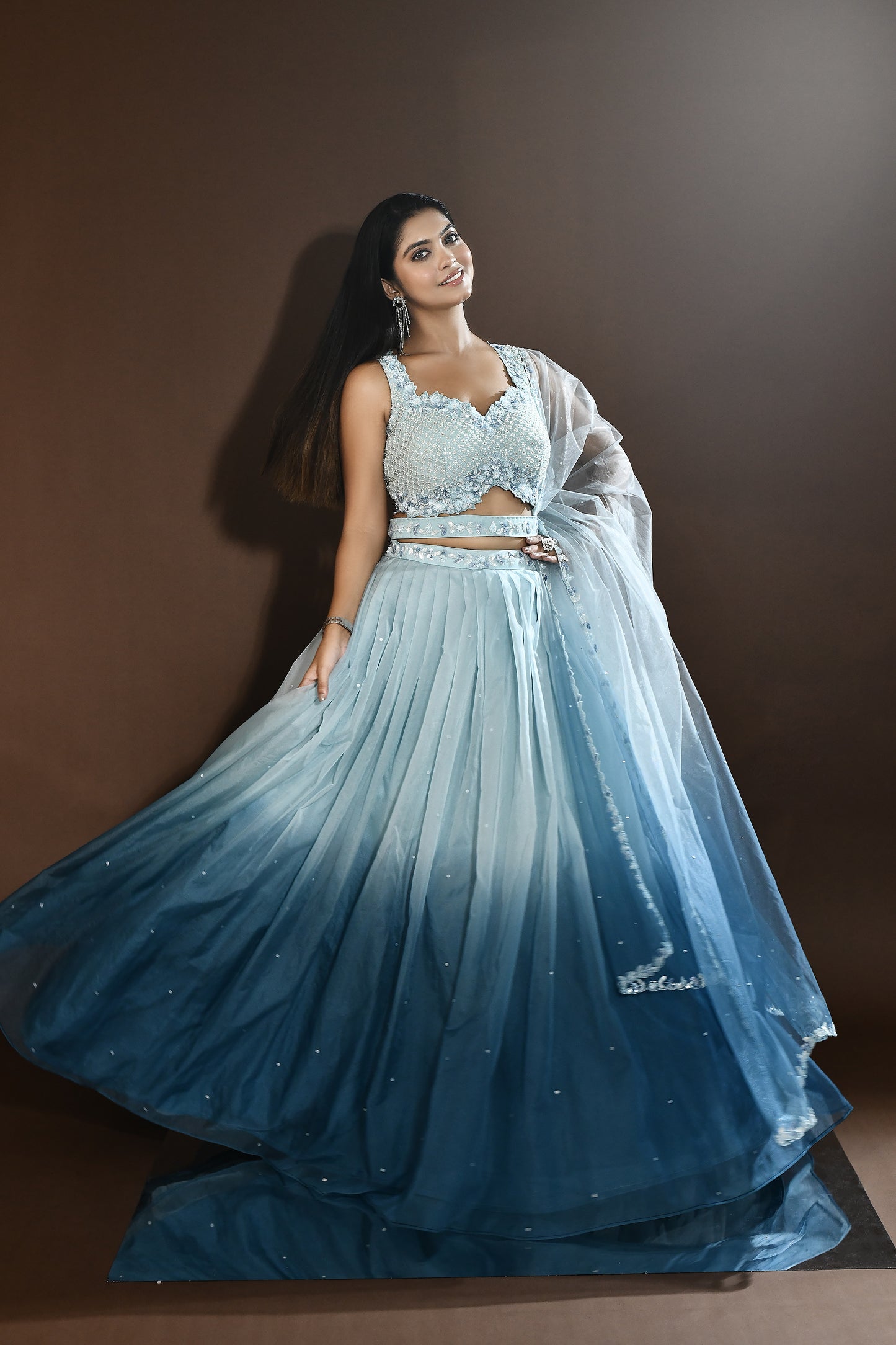 Nivi Elegance Pleated Lehenga - Ice Blue & Peach