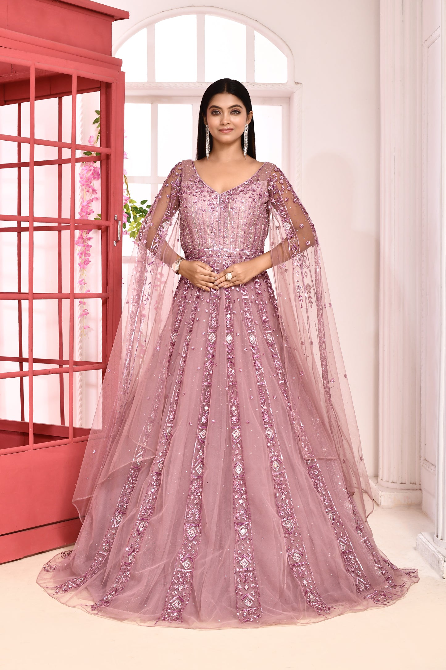 Elara Embroidered Ball Gown - Pink & Blue