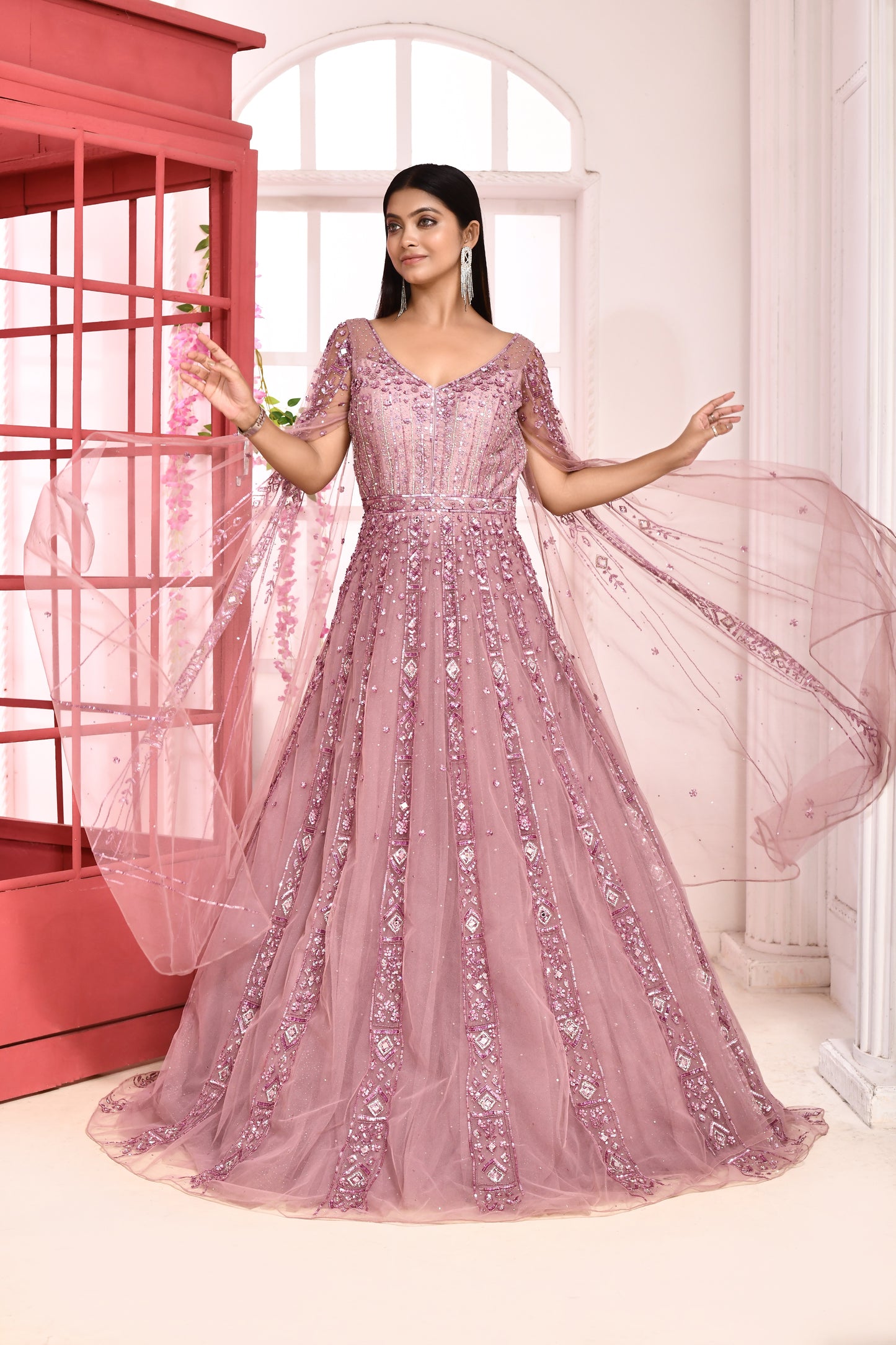 Elara Embroidered Ball Gown - Pink & Blue