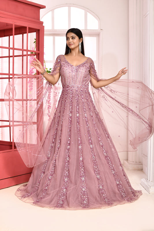 Elara Embroidered Ball Gown - Pink & Blue