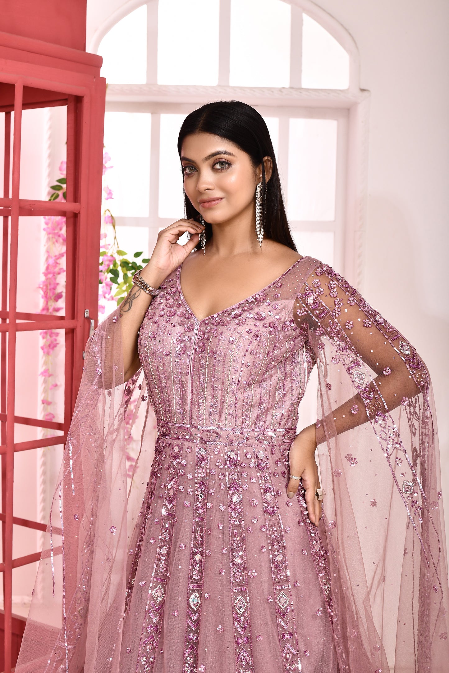 Elara Embroidered Ball Gown - Pink & Blue