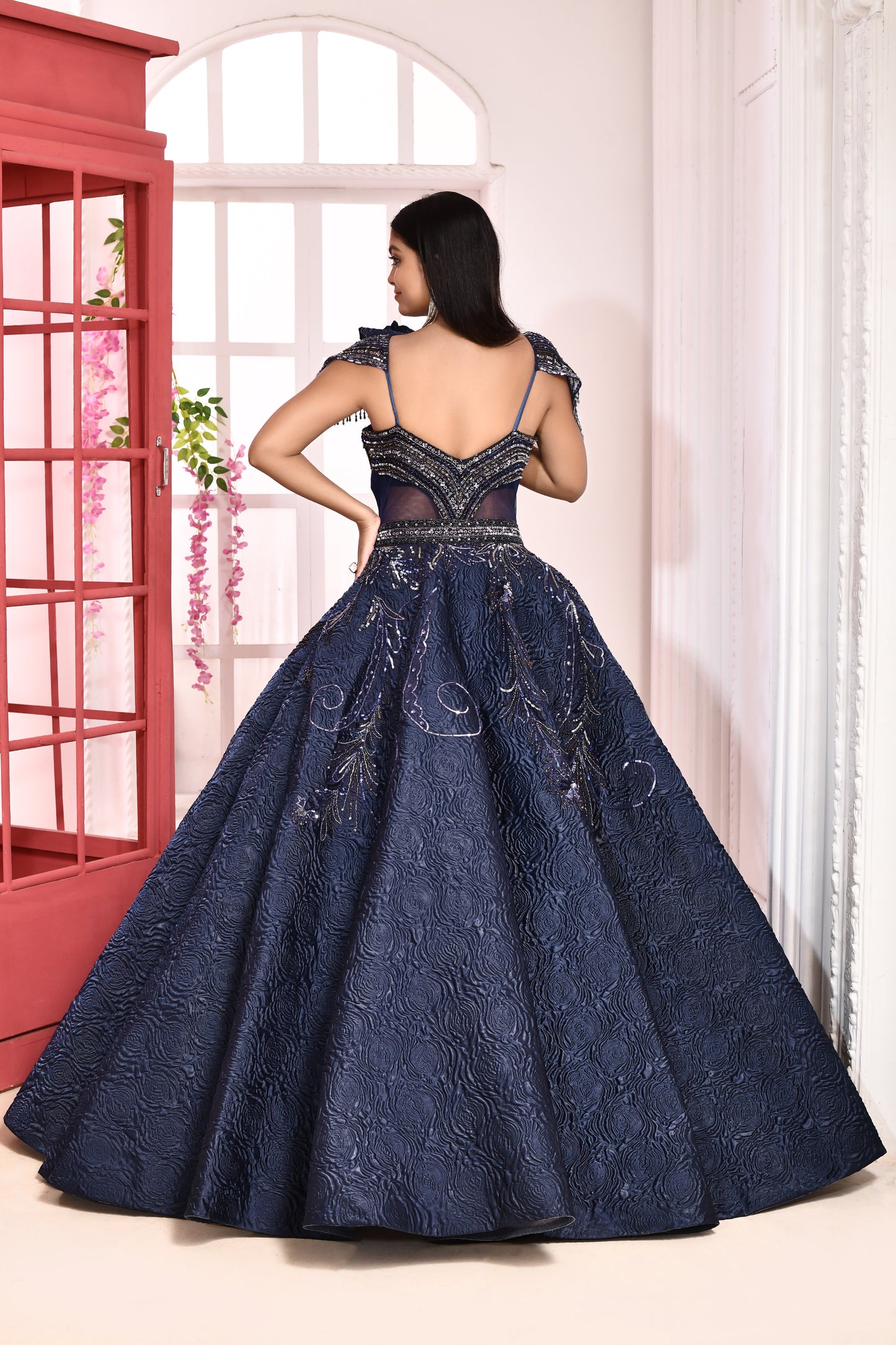 Niti Navy Blue Embroidered Ball Gown
