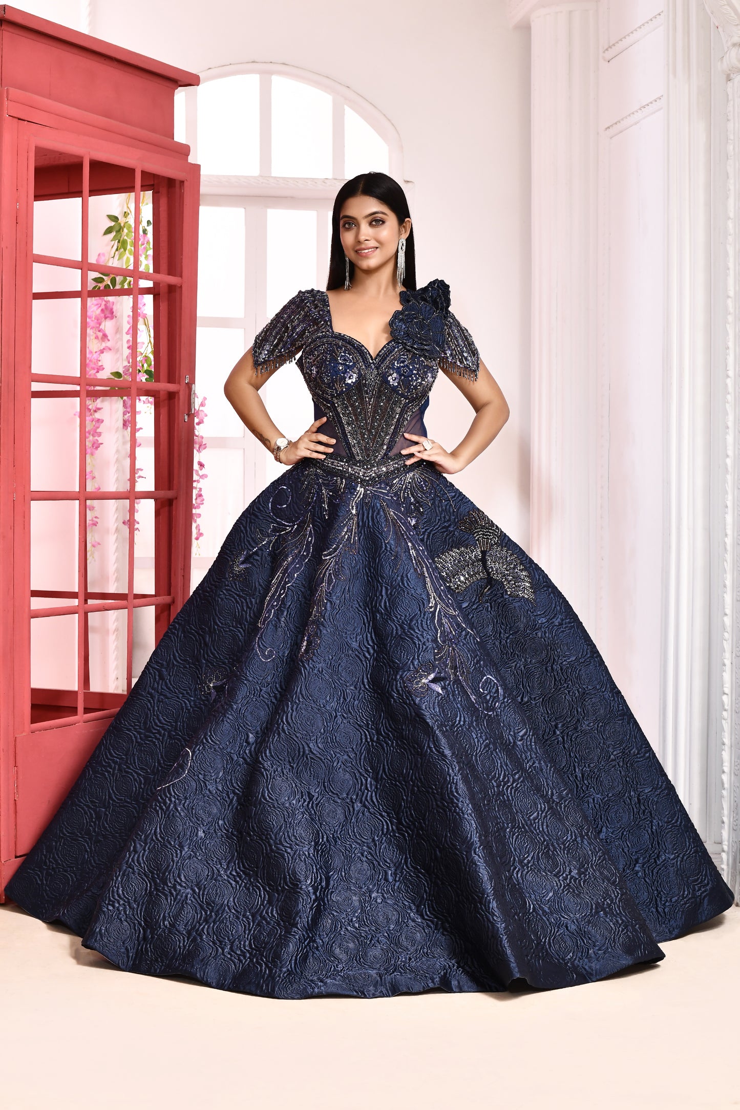 Niti Navy Blue Embroidered Ball Gown