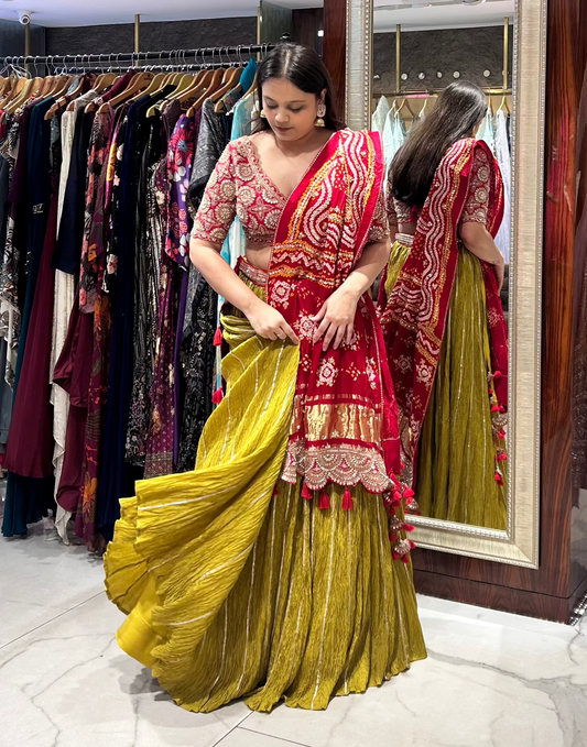 Faabia Bandhani Traditional Red and Green Lehenga Set – House of Ajita