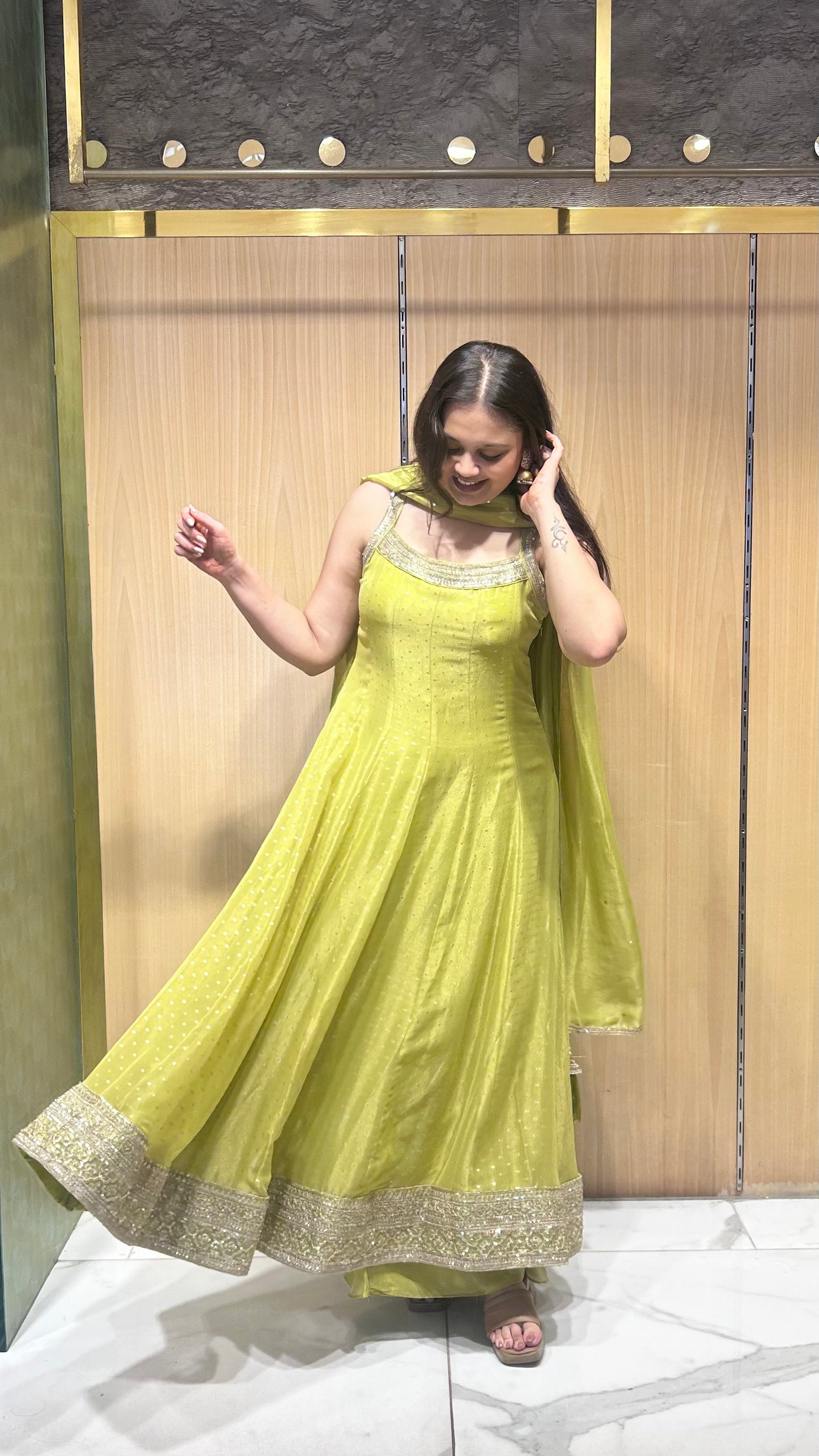 Elegant pear green sharara outfit for bhaat / maayra / mayra - Designer inspired anarkali set