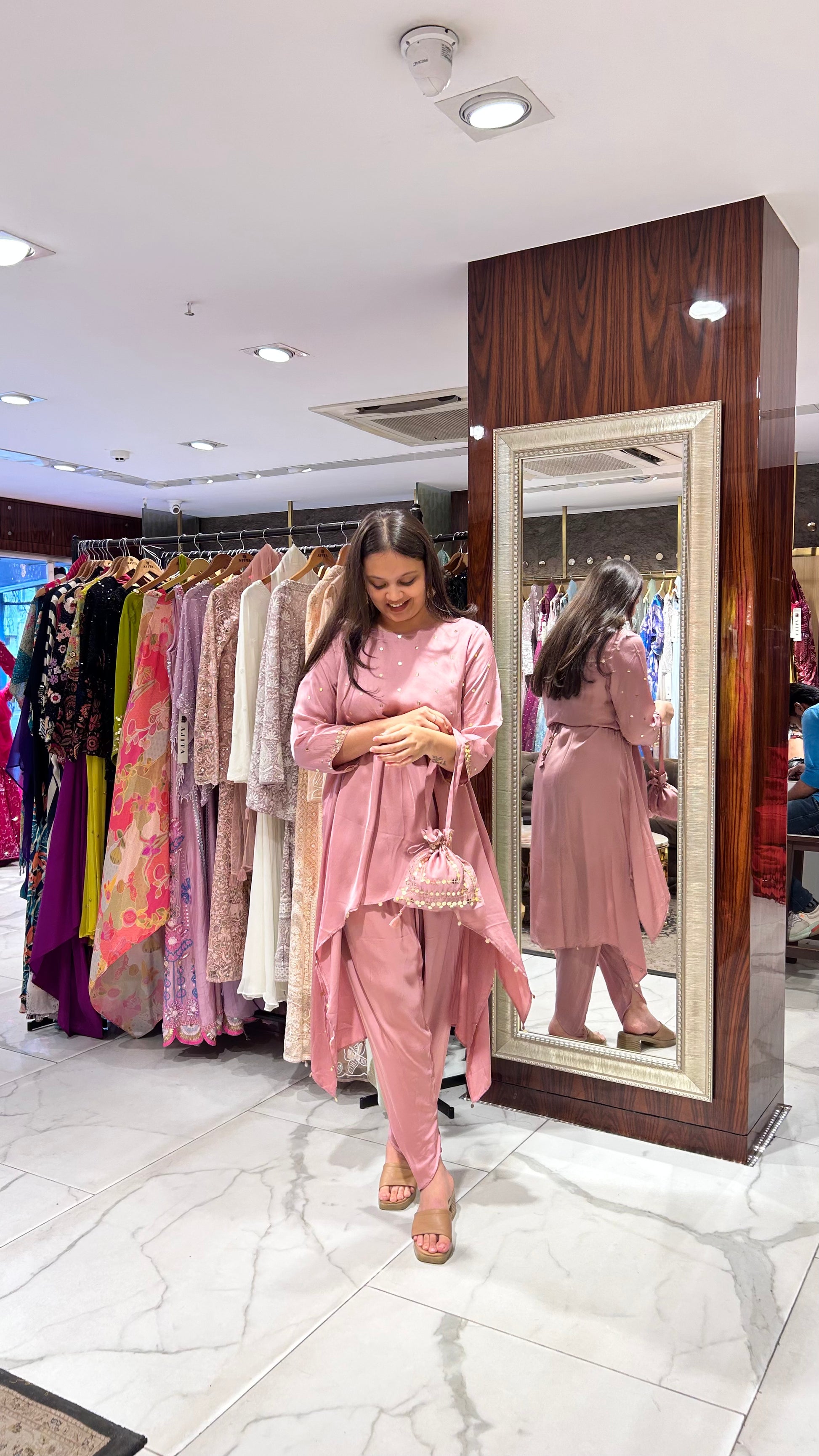 Matching embroidered potli bag with blush pink co-ord set: Perfect for Brunches, Sundowners, etc