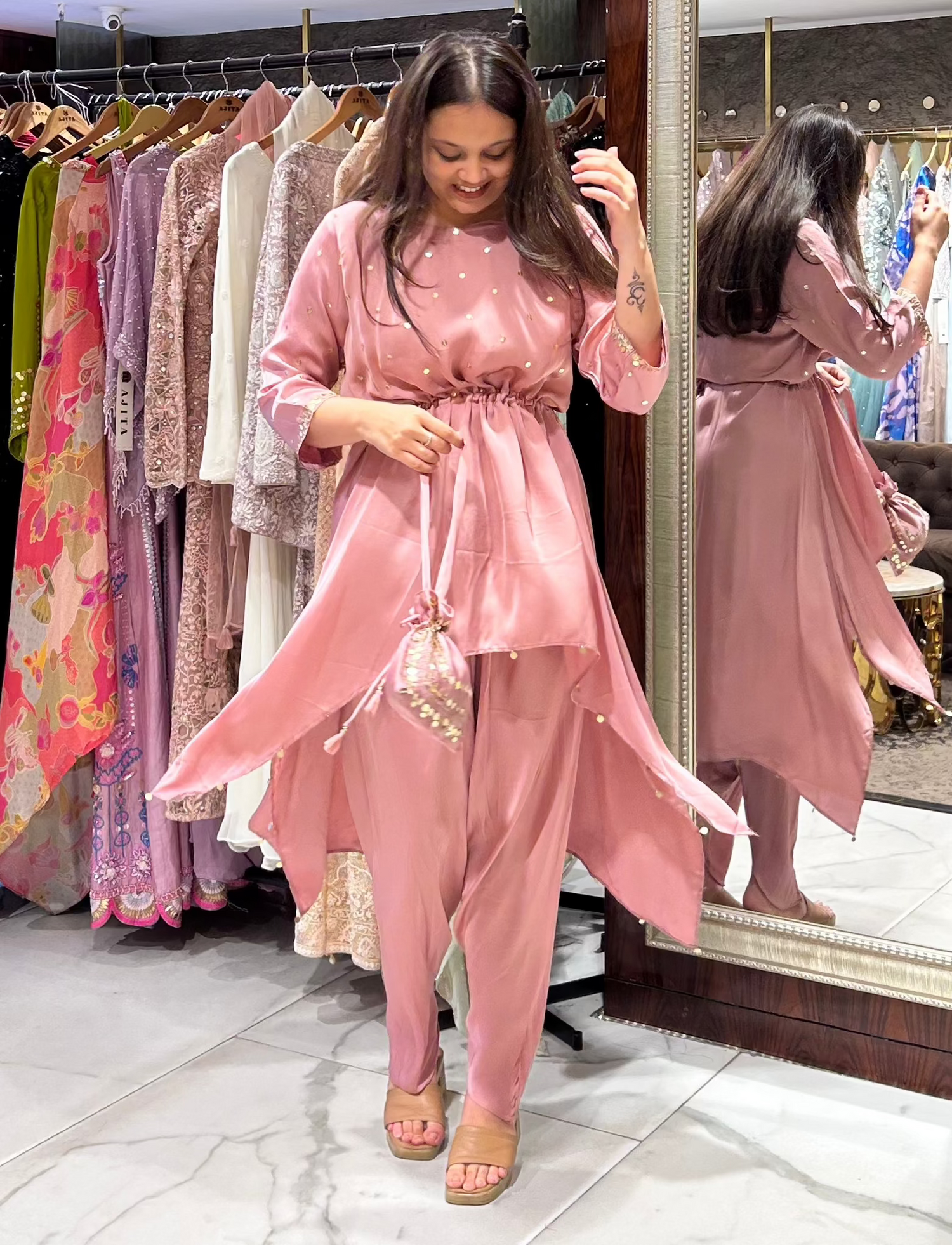 Zenia peach satin co-ord set with silver embroidery