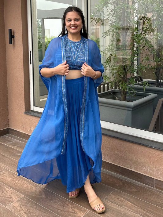 Indo-western blue cape set, perfect for cocktails, dinner and evening vibes