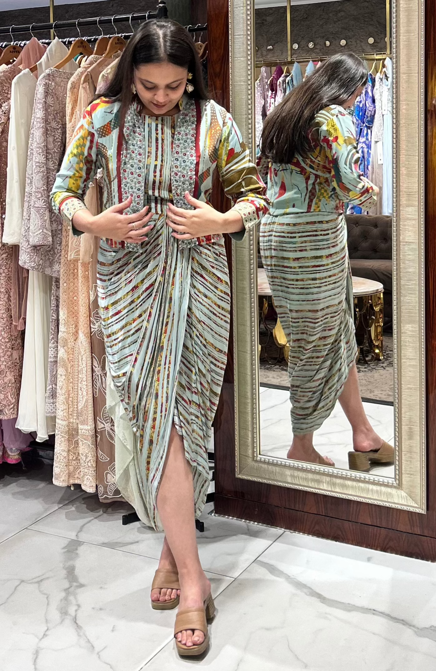 Qiana dhoti-style printed jumpsuit with multicolour detailing and jacket