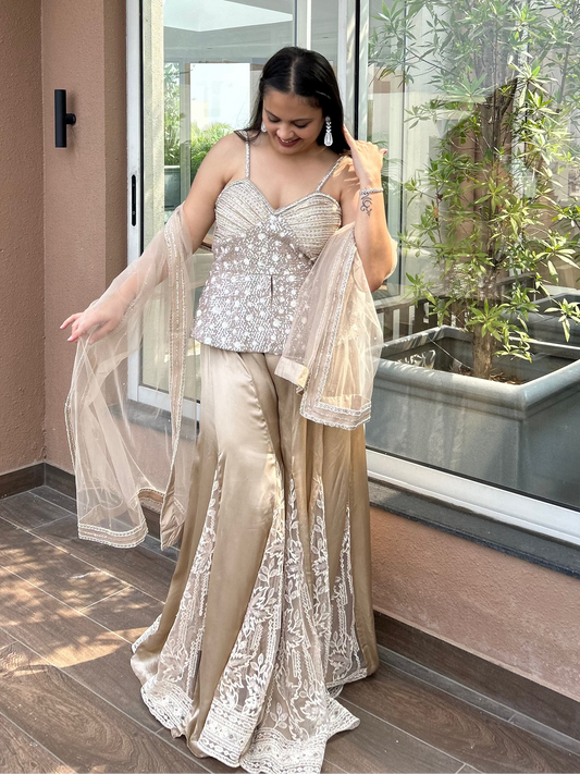 Corset designer indo-western set for cocktails, dinners, sangeet nights, trousseau.