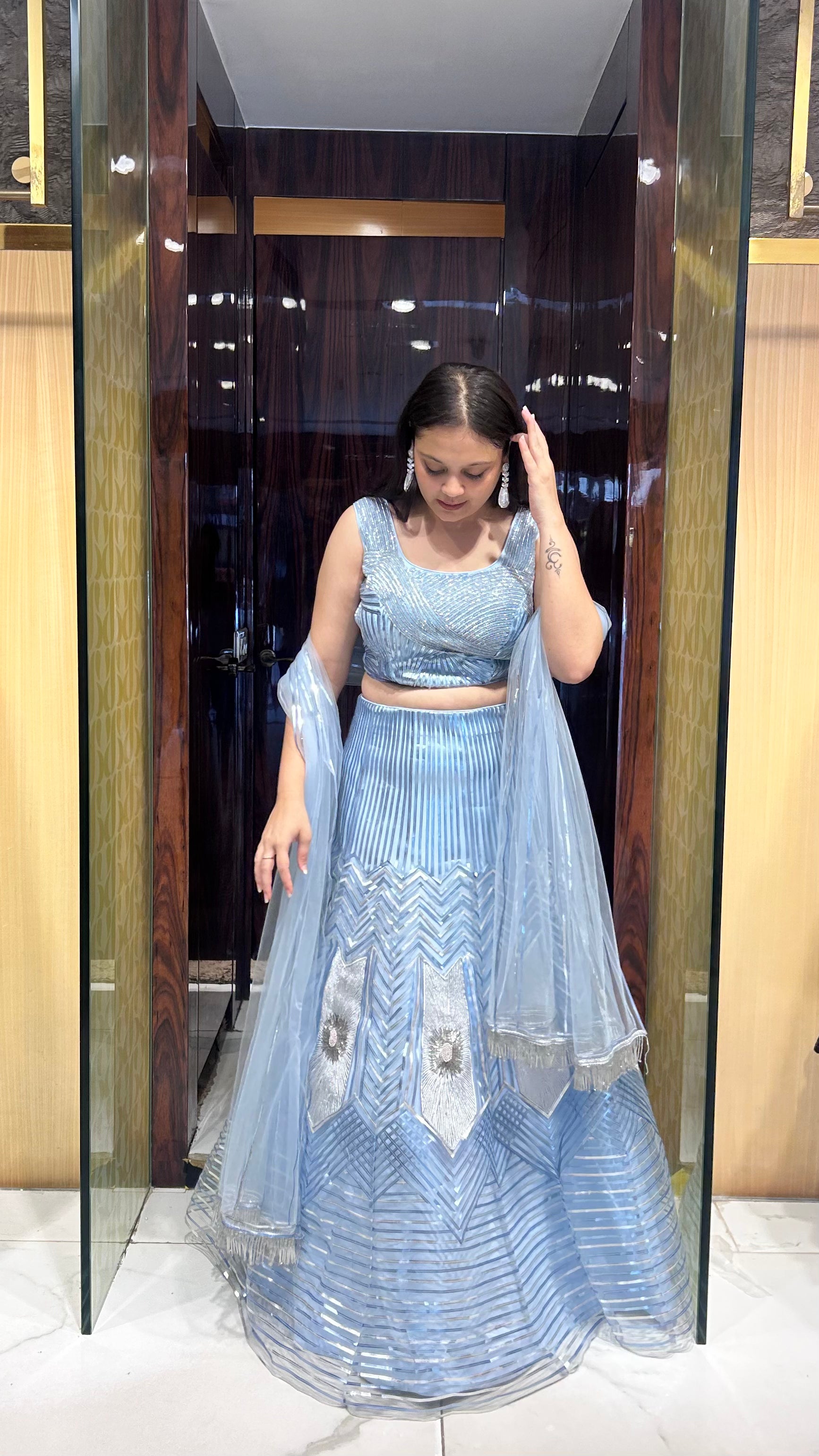 Maivya Ice Blue Designer Lehenga with Leather Patch Embroidery House of Ajita Maivya Ice Blue Designer Lehenga with Leather Patch Embroidery House of Ajita