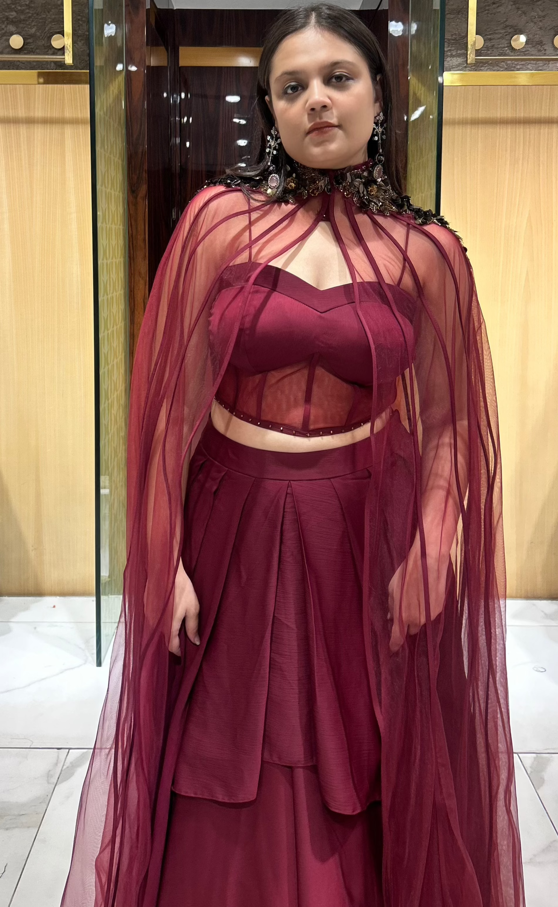 Nora maroon corset blouse and cape set with layered skirt