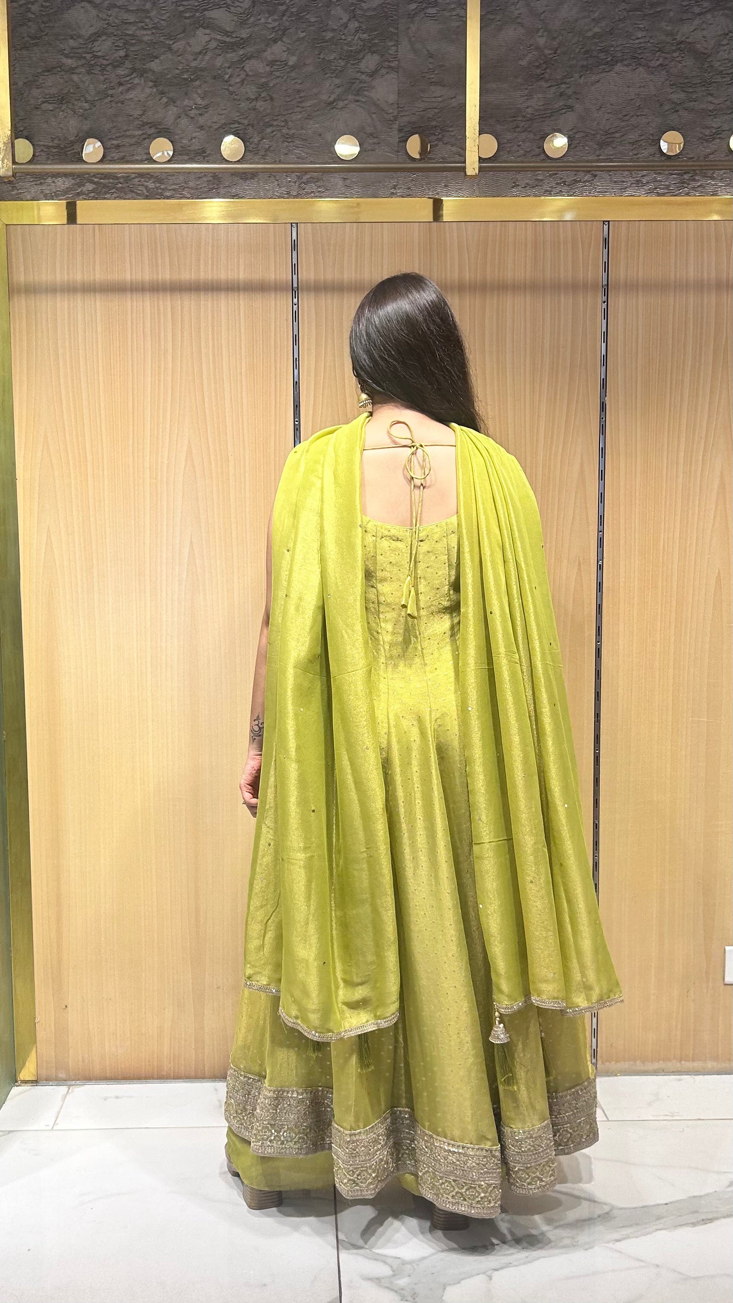 Designer tissue organza anarkali set- Perfect for Haldi, Mehendi, Kirtan, Bhaat, Diwali, Rakhi etc