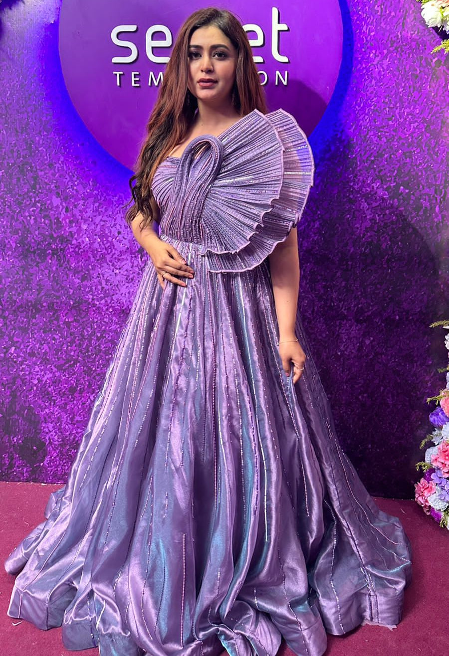 Zohira purple Cinderella ball gown with one-shoulder floral detail