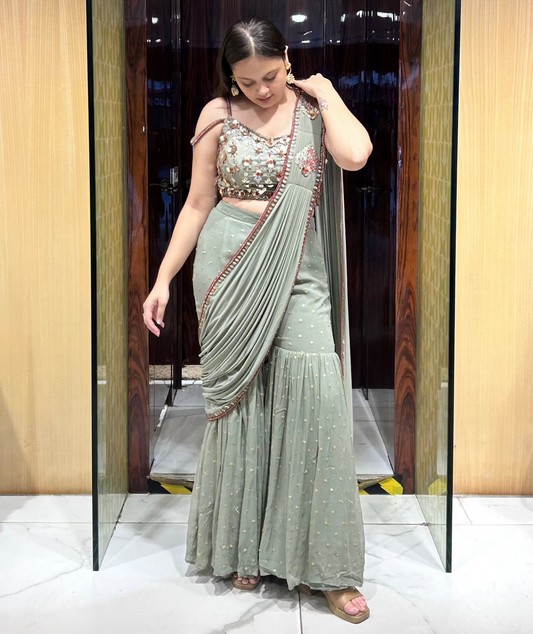 Designer inspired drape saree with pants for a mehendi, carnival, haldi, day event vibe