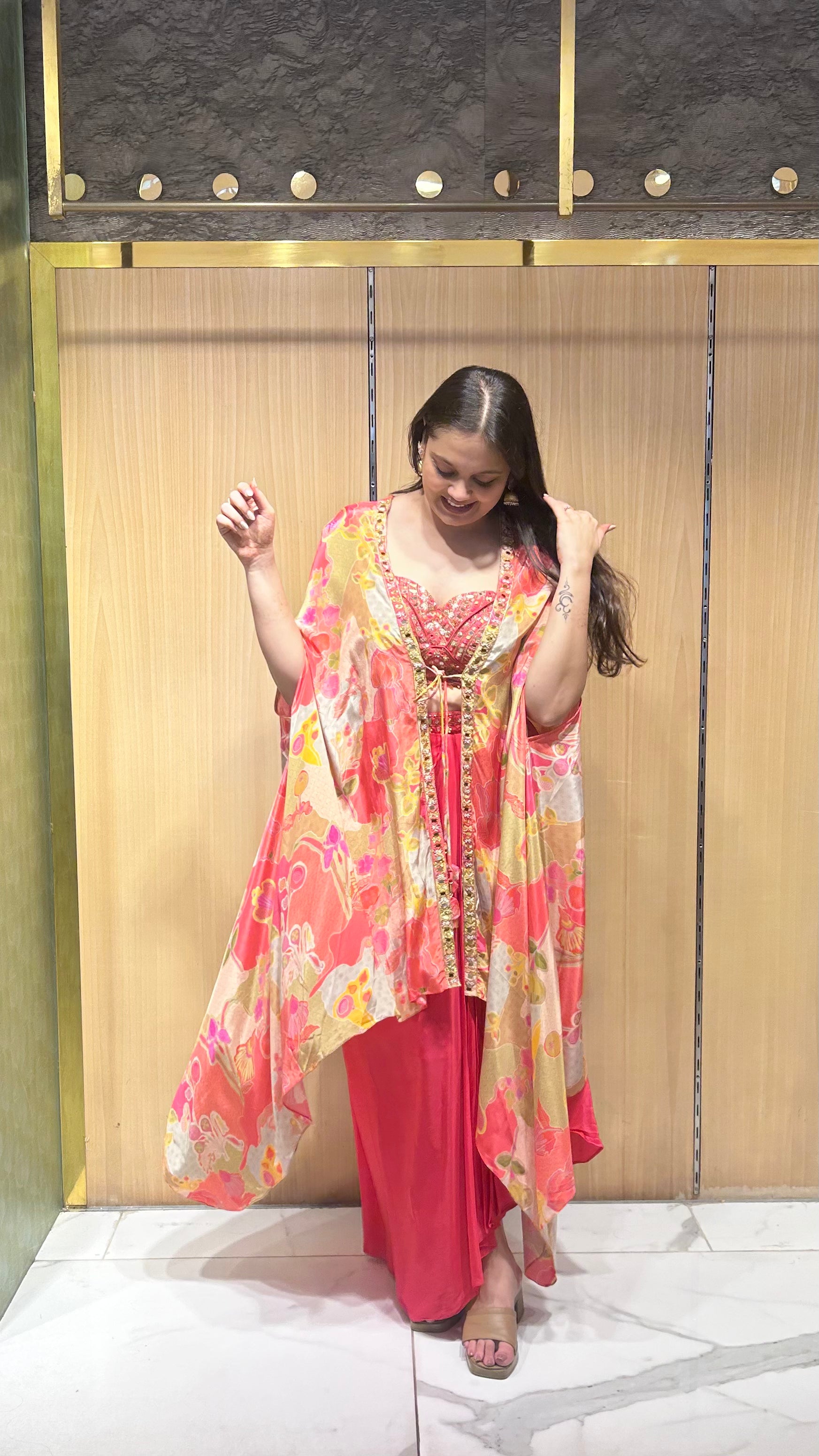 Aadya 3-piece designer cape set - floral printed pink multicoloured set for Haldi, Mehendi, Carnival and other festive occasions