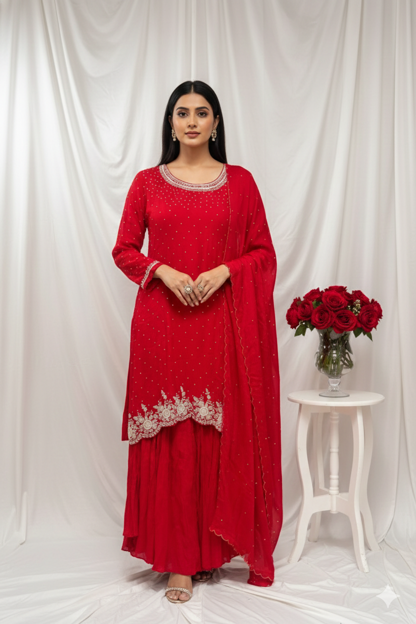 Designer sharara set for festive vibes. Perfect for Bhaat, Kirtan, Mehendi, Mayra etc