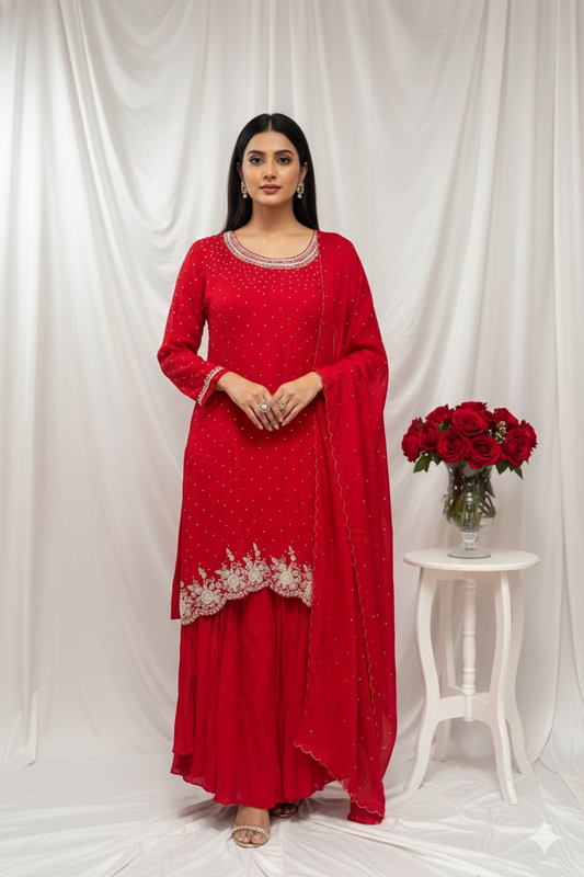 Designer sharara set for festive vibes. Perfect for Bhaat, Kirtan, Mehendi, Mayra etc