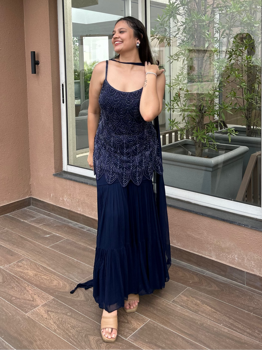 Blue indo-western girly set for cocktails, dinners, trousseau occasions, and bridesmaid evenings