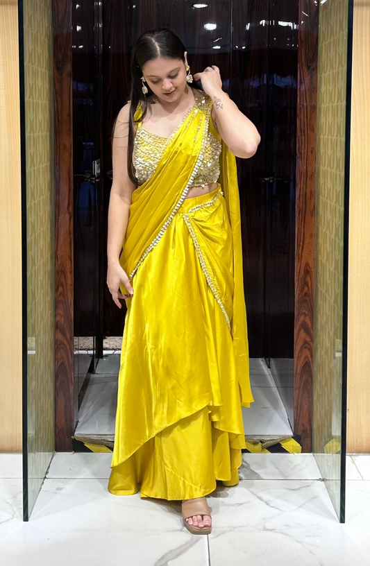 Mustard yellow drape saree with hand embroidery – perfect for haldi