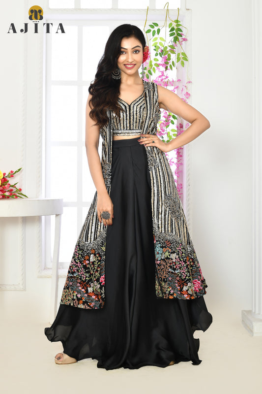 Indo western hand embroidered dressy top and pants with jacket set - Perfect for Cocktail, dinners, trousseau, musical evenings etc