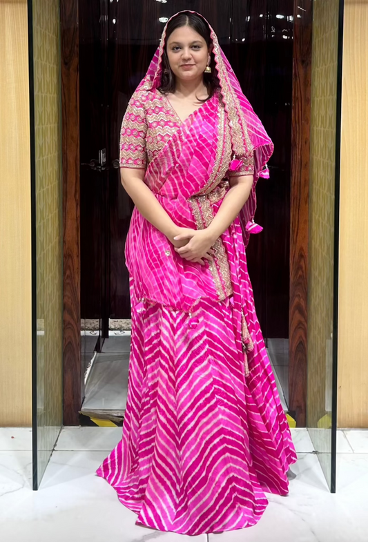 Ranisa pink leheriya organza lehenga set with pearls and zari work