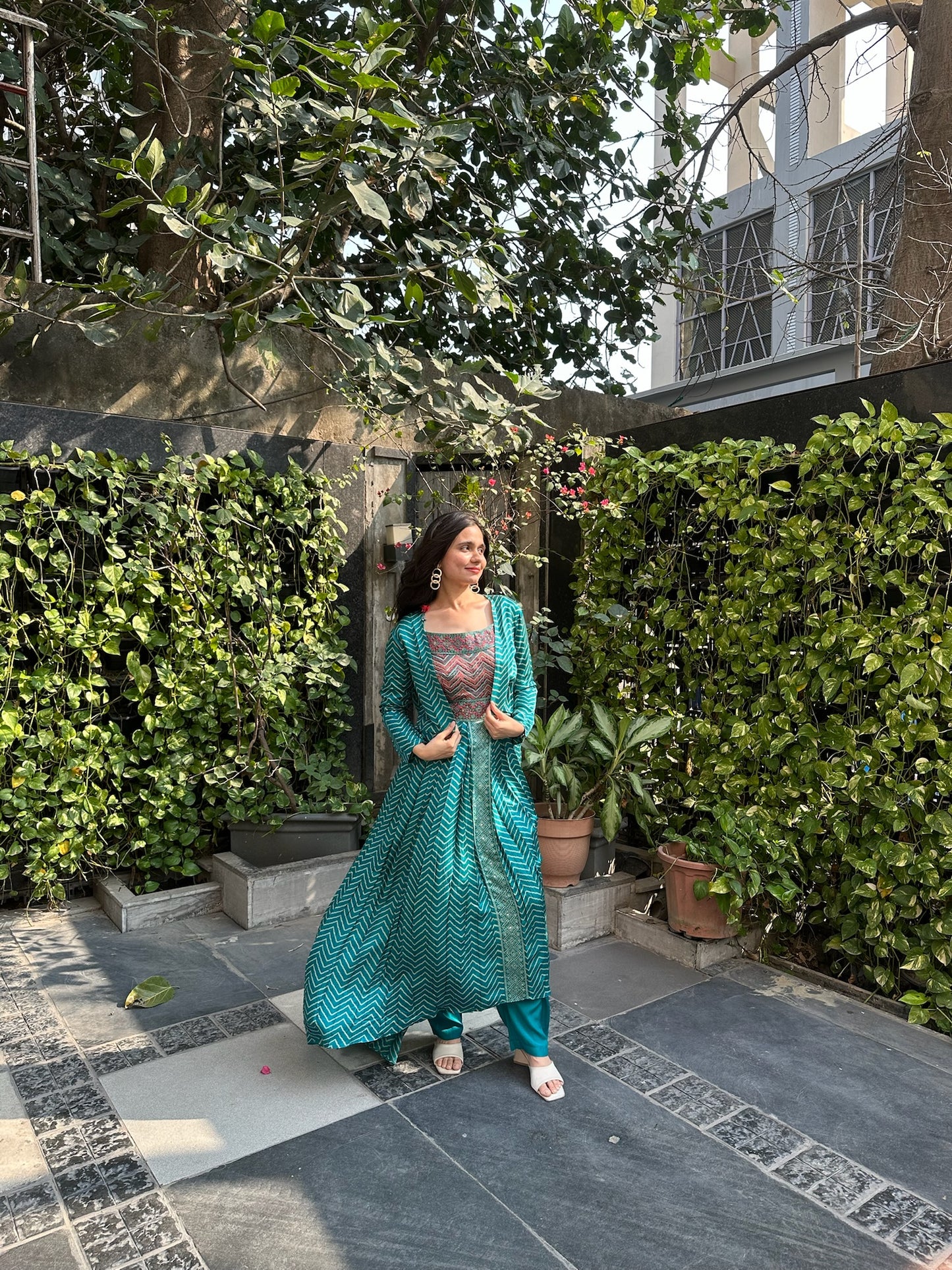 Leher Satin Indo-Western Dress With Jacket & Scarf