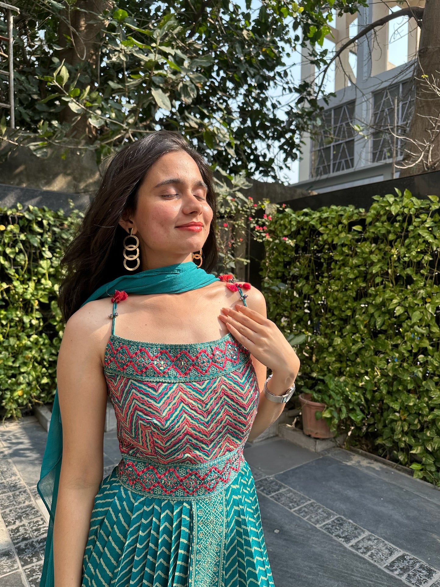 Leher Satin Indo-Western Dress With Jacket & Scarf