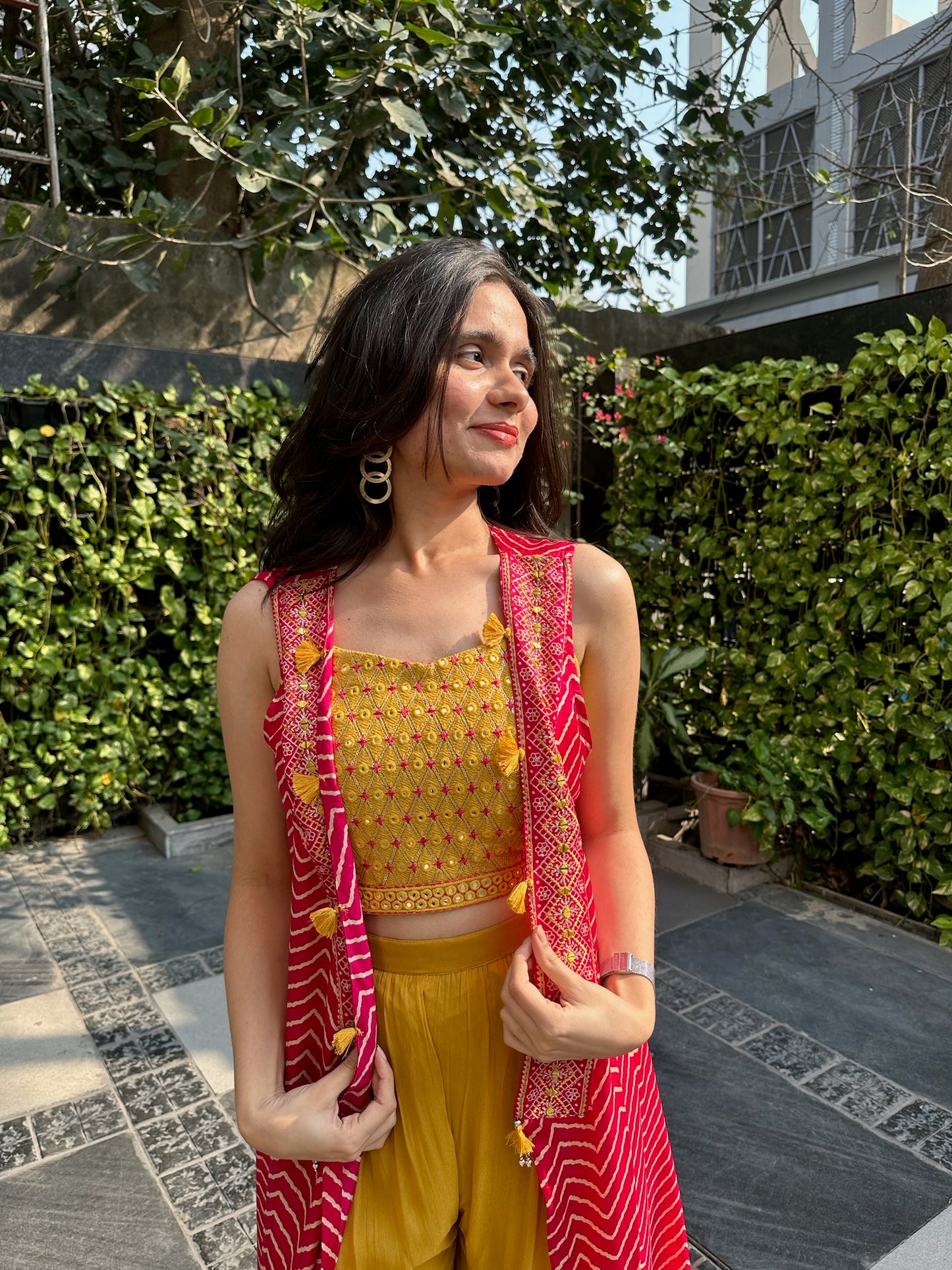 Jiah Yellow Pink Palazzo Set with Leheriya Jacket