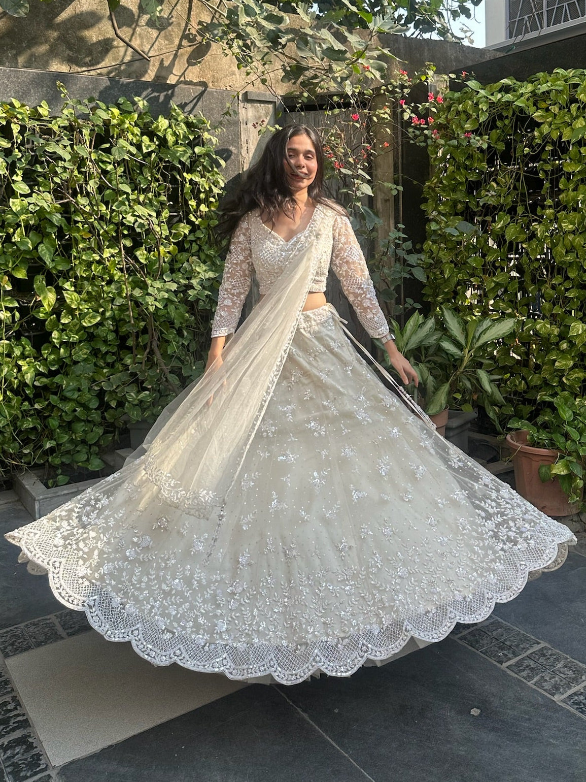 Designer sider hand embroidered ivory lehenga for sangeet, reception, roka, ring ceremony, ufi night