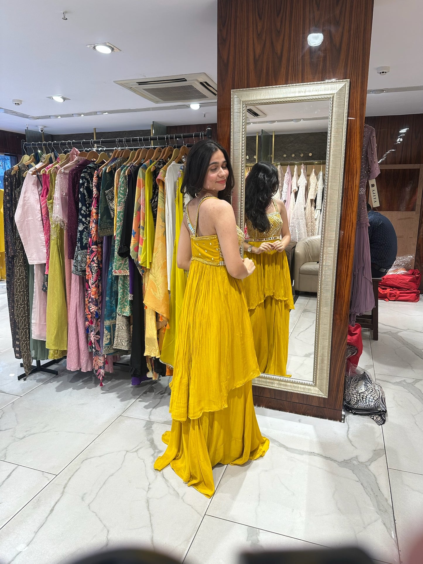 Vazu Mustard Mirror Embroidered Peplum Palazzo Set