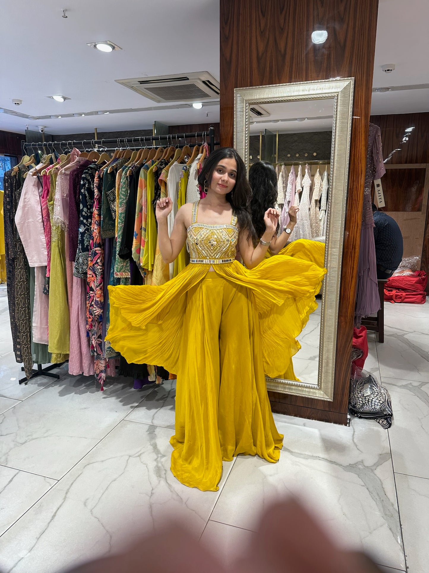 Vazu Mustard Mirror Embroidered Peplum Palazzo Set
