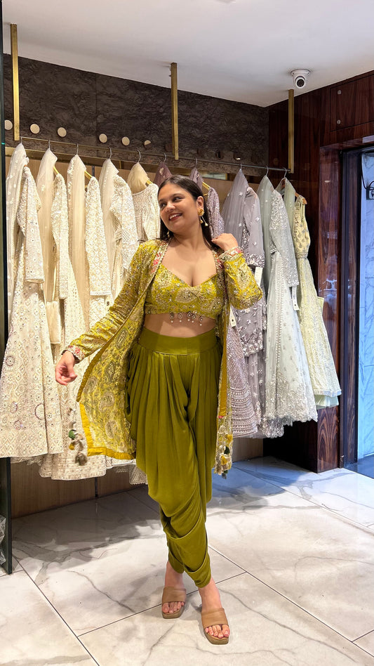 Ojasvi – Mehendi Green & Red Embroidered Indo-Western Set with Dhoti Pants and Jacket
