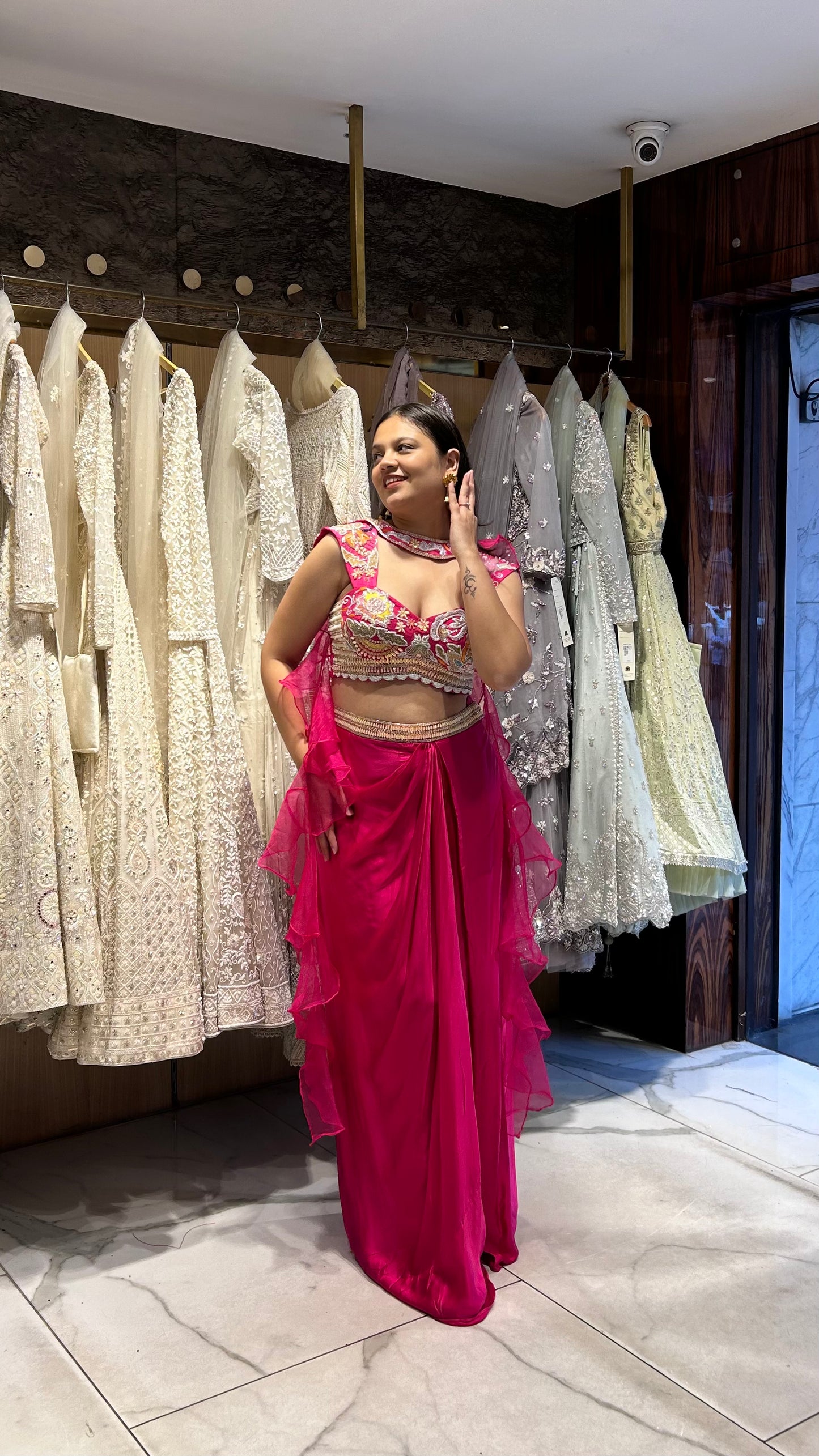 PeeDee – Rani Pink Indo-Western Set with Multicolour Embroidery & Ruffle Dupatta