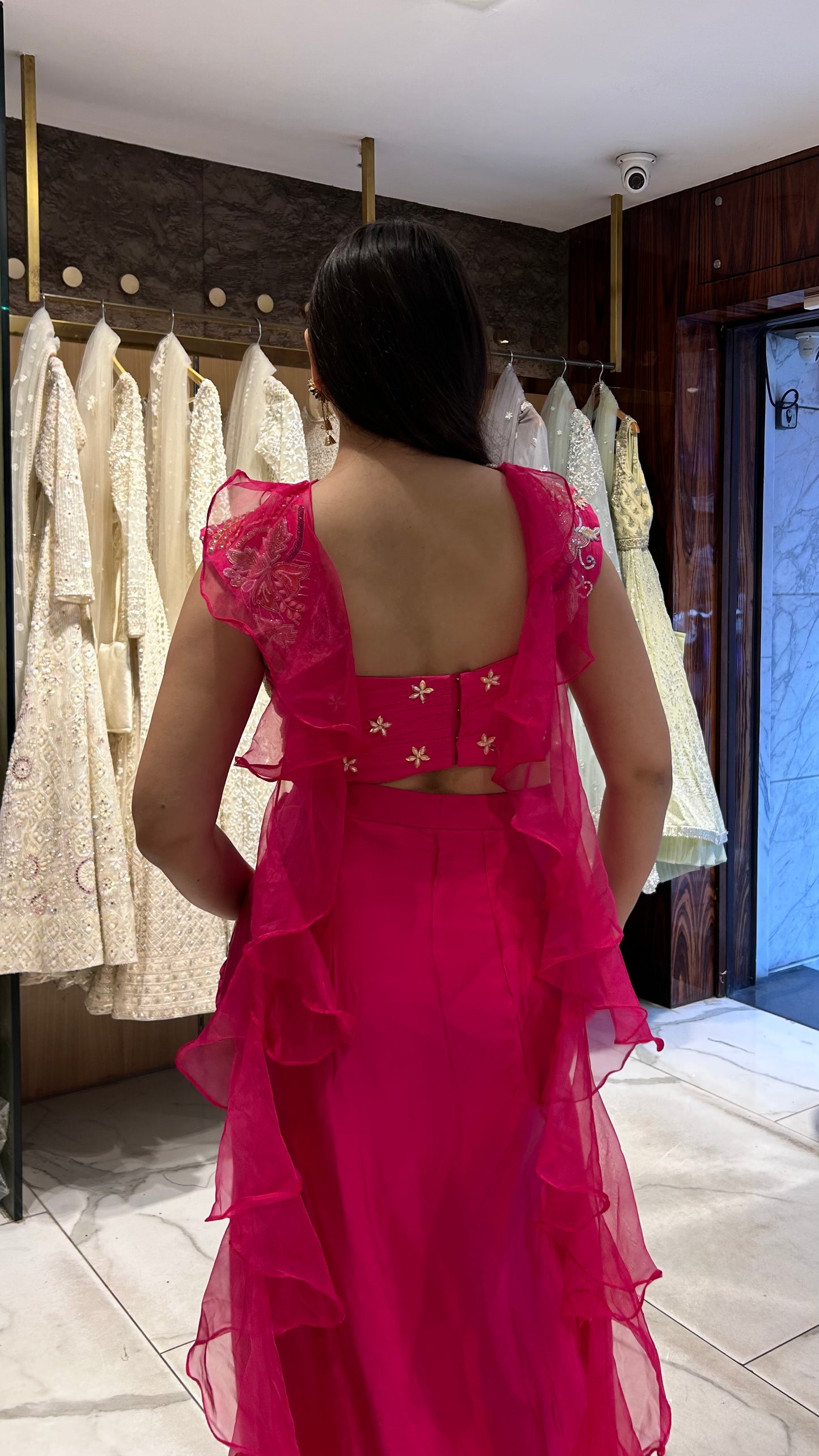 PeeDee – Rani Pink Indo-Western Set with Multicolour Embroidery & Ruffle Dupatta