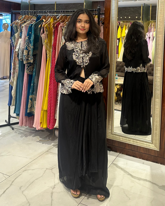 Perf classy and feminine black cape style indo-western set for cocktail, dinners and drinks, sufi night and evening wear