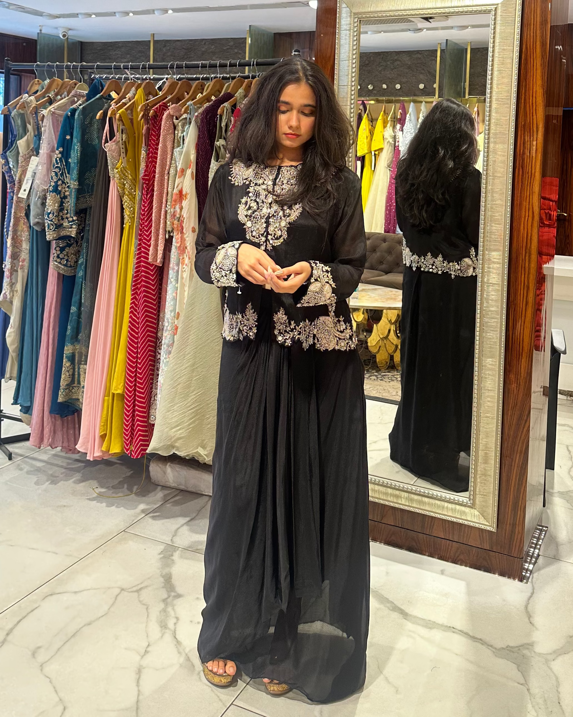 classy and feminine black cape style indo-western set for cocktail, dinners and drinks, sufi night and evening wear
