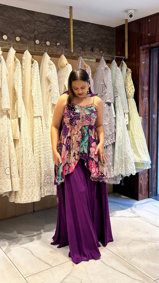 Jiya – Purple Floral Print Asymmetrical Strappy Top with Palazzo Pants