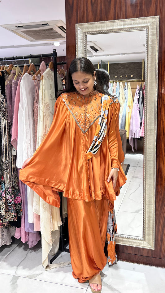 Zia – Orange Indo-Western Co-ord Set with Pearl and Golden Sequin Embroidery