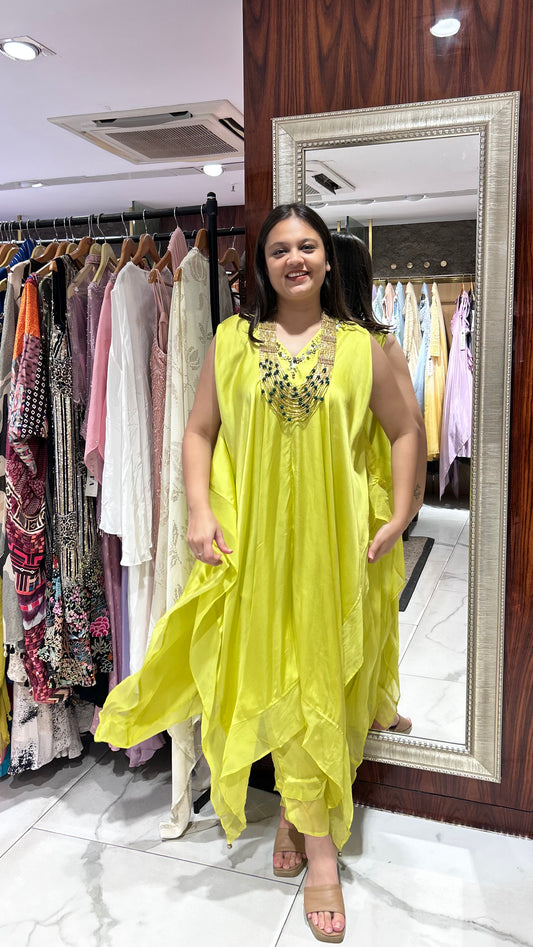 Pree – Neon Green Satin Kaftan Co-ord Set with Golden Sequin Embroidery